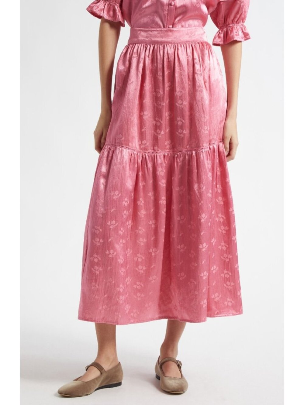 MILLE Betty Women's Floral Cotton Blend Tiered Midi Skirt Geranium Pink Size XL
